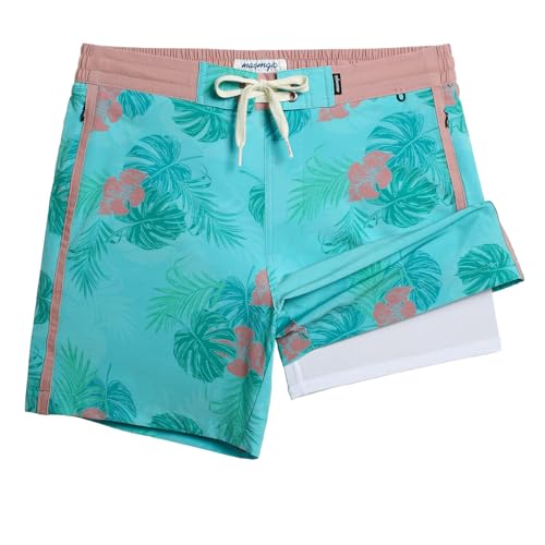 maamgic Men's Swim Trunks with Compression Liner Board Shorts Vintage Beach Shorts Quick Dry with Zipper Pockets Monstera Green Large