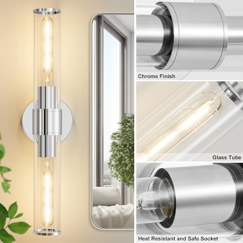 Image of Hardwired Chrome Bathroom Vanity Light Clear Glass Wall Sconce | Up & Down Bidirectional Lighting, Damp Rated For Bathrooms, Dimmable, Rustproof Metal, 3-Year Manufacturer Warranty