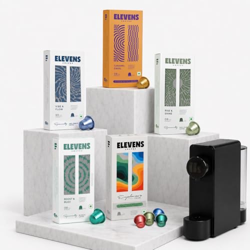 Image of ELEVENS ONE | Coffee Capsule Machine + Variety Pack of 5 Blends (55 Capsules) | Espresso Pod Machine | 19 Bar Pressure | Compatible With Nespresso Pods | Fast Heating System | One Touch | 1100W