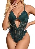 EVELIFE Body Damen Dessous Sexy Spitze Unterwäsche Einteiler Body Rückenfrei Babydoll One Piece Teddy mit Schleife Snap Crotch Frau Flitter wochen Hochzeitsnacht Reizwäsche S XXL(Dunkelgrün, M)