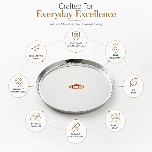 Image of Sharda Metals Stainless Steel Round Hammered Thali Plates | Elegant Mathar Dinner & Lunch Plates | Traditional Indian Serveware for Home & Kitchen, Dining Table, Festive & Diwali Gifting - Set of 6