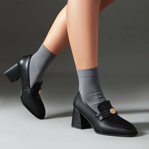 Alyaafifa Block Heel Loafers for Women 3 Inches Closed Square Toe Chunky High Heel Work Pumps Slip On Leather Suede Dress Shoes Comfortable Office Event Church Party4