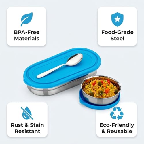 Image of PRESCO Small Oval Stainless Steel Kids Lunch Box with Spoon for School Kids, Boys - Leakproof Tiffin Box for Men & Women, Picnic, Travel - Stylish, Compact & Daily Use Meal Prep Box, 450ml- Pack of 1