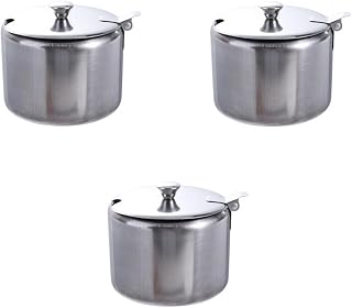 Stainless Steel Seasoning Box, Condiment Jar Spice Container with Lids and Spoons,Spice Pots Salt Container Sugar Bowl Set of 3,Storage Condiment Seasoning Jars