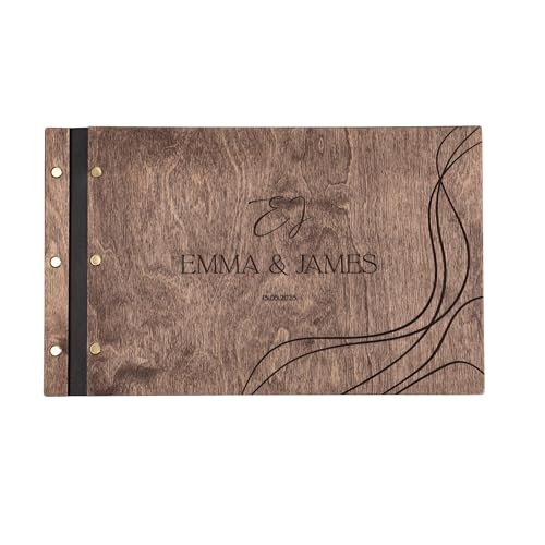 Enjoy The Wood Personalized Wooden Photo Album with Engraving - Handmade Scrapbook Album - Custom Memory Book for Wedding, Family & Special Moments - Photo Book Best Gift for Couple (Waves)