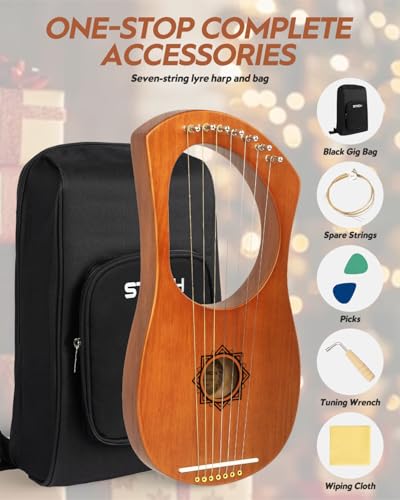 STRICH Lyre Harp, 7 Strings, Mahogany, Bone Saddle Lyre Harp Set with Spare Metal Strings, Tuning Wrench, Black Custom Gig Bag and Manual