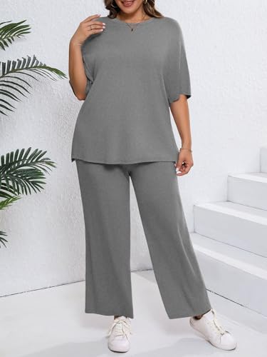 Beautife Womens Plus Size Lounge Sets Short Sleeve Tops Wide Leg Pants 2 Piece Outfits Tracksuit with Pockets2