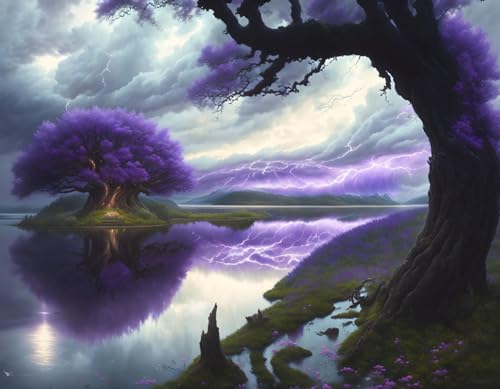 Toile murale sans cadre Meechi grand tableau lac violet 50 x 70 cm