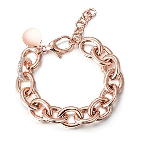 Jinbaoying CZ Wide Cuban Curb Link Bracelets for Women Adjustable Extenders Chunky Bracelet Gold Silver Rose Gold Plated Stainless Steel Link Charm Chain with Round Disc Charm (Plus Disc Rose Gold) Cover