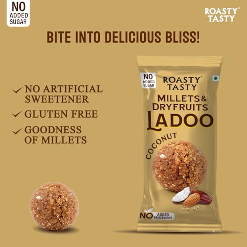 Image of Roasty Tasty Coconut - Millets & Dryfruits Ladoo | Energy Bar Replacement | No Added Sugar | No Artificial Flavor | Healthy Snacks | Rich in Proteins | Dry Fruits, Seeds & Nuts Mithai | 5 Pcs-40g each