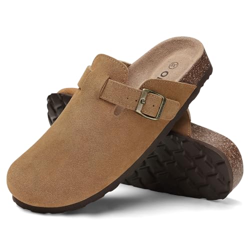 Image of ODOLY Genuine Suede Clogs for Women Men Soft Cork Footbed Leather Mules Comfort Potato Shoes with Arch Support