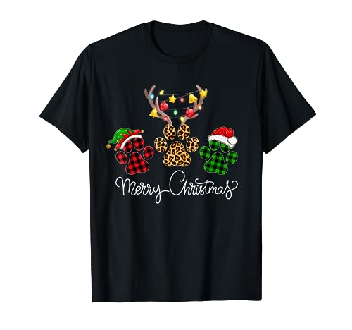 Merry Christmas Dog Paws Lights Buffalo Plaid & Leopard Xmas T-Shirt