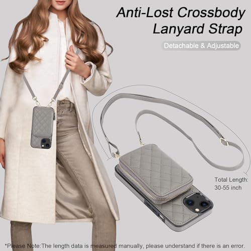 Bocasal Crossbody Wallet Case for iPhone 13, RFID Blocking PU Leather Zipper Handbag Purse Flip Cover, Kickstand Folio Case with Card Slots Holder Wrist Strap Lanyard 5G 6.1 Inch (Grey)