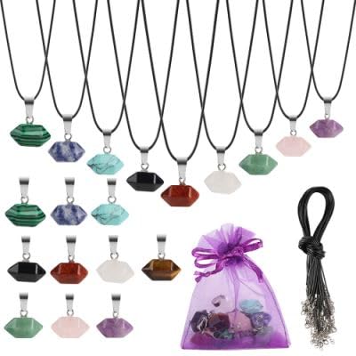 Zenkeeper 21Pcs Gemstone Pendants Necklace, Bullet Shaped Healing Crystal Chakra Pendants Necklace, Charms Gemstones Quartz Stone with Leather Cord Chains