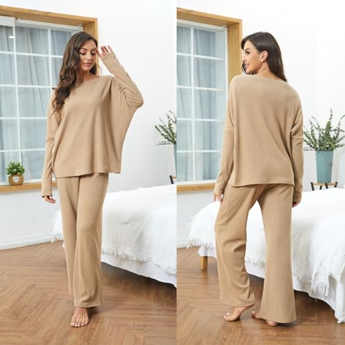 Xaspee Women's 2 Piece Corduroy Wide Leg Sweatsuit Sets Batwing Sleeve Loose Top and Pants Knit Loungewear Outfits3