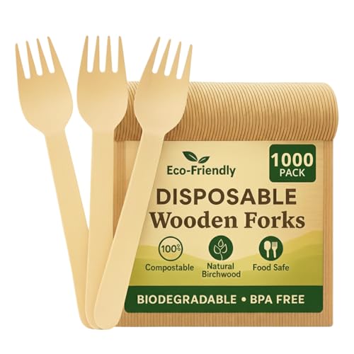 1000 x Disposable Wooden Forks – 16 cm Birchwood Eco-Friendly Cutlery | Biodegradable, Plastic-Free, BPA-Free, Food-Safe Compostable Bulk Forks for Parties, Weddings, BBQs, Picnics & Catering