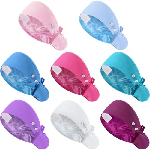 Image of 8 Pcs Satin Lined Scrub Caps, Nurse Hats with Buttons Sweatband, Adjustable Ponytail Surgical Caps for Women