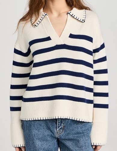Image of Kedera Women's Casual Striped Pullover Sweater Long Sleeve Polo V Neck Lightweight Loose Fit Knit Jumper Tops, Small
