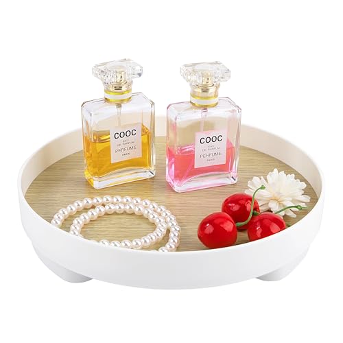 Vassoio Decorativo Rotondo Cosmetici Organizer, Vassoio da Portata Legno con Supporto per Profumi, Esposizione Gioielli, Portacandele per Bagno (Bianco)