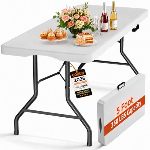 5FT Folding Table, Heavy Duty Plastic Fold-in-Half Camping Table, White | Portable Card Table,HDPE Top,Carry Handle,Steel Legs,Indoor Outdoor for Picnic,Dining,Party,Craft,Supports 350 lbs