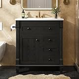 LIKIMIO 30 Inch Bathroom Vanity with Sink, Towel Holder & Adjustable Solid Wood Legs for Uneven Floor, Modern Bathroom Storage Cabinet with Tip-Out Drawer, 2 Drawers & Adjustable Shelf, Black