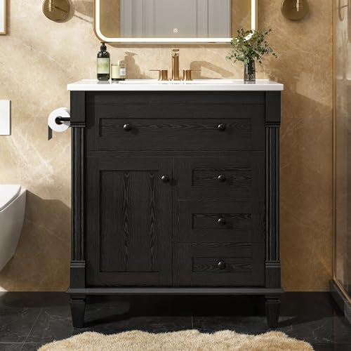 LIKIMIO 30 Inch Bathroom Vanity with Sink, Towel Holder & Adjustable Solid Wood Legs for Uneven Floor, Modern Bathroom Storage Cabinet with Tip-Out Drawer, 2 Drawers & Adjustable Shelf, Black