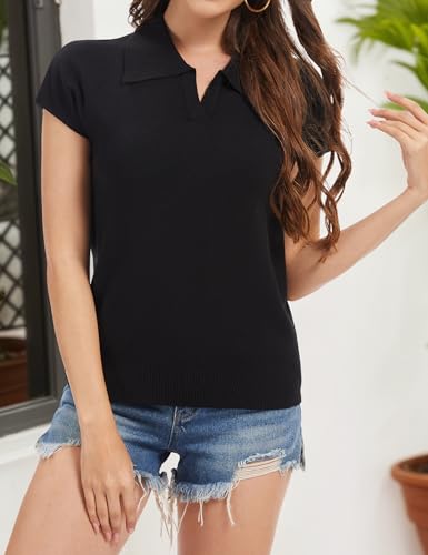 2 Pack Womens Sweater Vest V-Neck Knit Pullover Short Cap Sleeve Collared Tops Dressy Casual 2025 Summer Sweater4