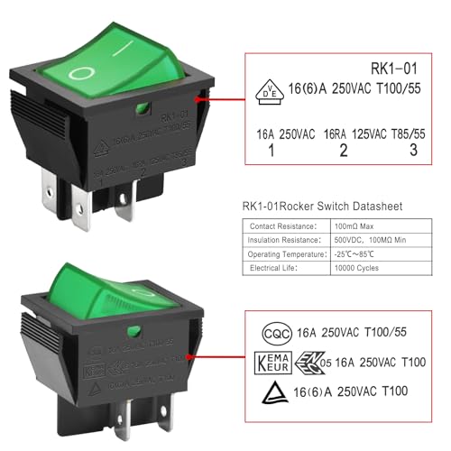 Heschen Przełącznik kołyskowy ON-OFF DPST 4 zaciski zielone światło 16 A 250 V AC z wodoodporną osłoną