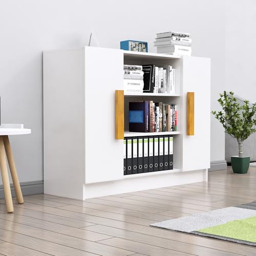 Image of Bniture Storage Cabinet Wooden Sideboard for Living Room with 3 Shelf and 2 Door | Multipurpose Book Shelf Storage Organizer Cabinet for Office Home Hallway Drawing Room Bedroom | Frosty White