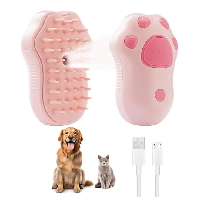 Cat Steam Brush for Shedding 3 in 1,Rechargeable Steam Brush for Cats or Dogs,Massage,Cleaning,Anti-Static Shedding & Combing All In One (Pink)-9ATcAJ6S