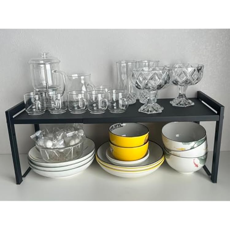 Expandable Cabinet Shelf Organizer 16-26 L Stackable Kitchen Counter Shelf Rack Sink Riser Countertop Storage Black (Normal 7.9D)