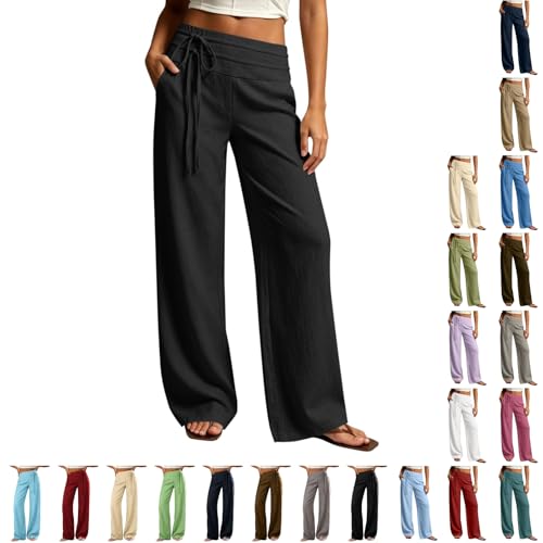 Furundly Wide Leg Linen Pants Women Summer High Waist Culottes Casual Lounge Trousers Cotton Linen Pants with Pockets