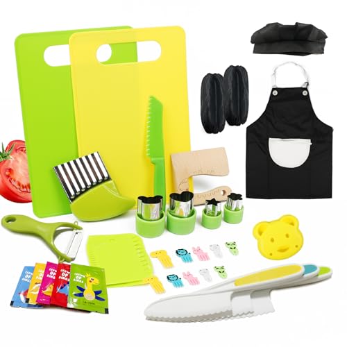 Image of ANVOYRD Montessori Kitchen Tools for Toddlers Cooking, Wooden Kids Kitchen Knife Set Include Plastic Toddler Safe Knives, Apron Set, Cutting Board, Sandwich Cutter, Y Peeler, Crinkle Cutter