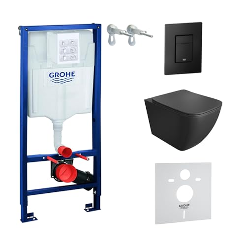 Lavita Élément mural Solido + WC suspendu mural Onil noir sans bord + abattant de WC avec système d'abaissement automatique bouton noir - Kit complet encastré pour WC