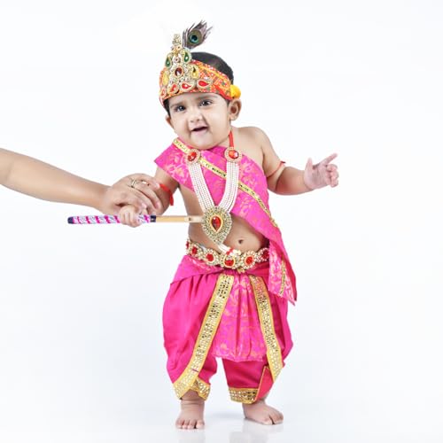 Image of ITSMYCOSTUME Krishna Dress for Baby Boy Kids Set of 10(Dhoti,Hip Cover,Patka,Mukut,Morpankh,Bansuri,Kamarband,Bajuband,Kundal) Little Krishna Ji Kanha Janmasthmi Costume