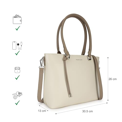 Image of Structured Tote Bag for Women | Faux Leather Handbag with 3 Compartments, Outer Pockets, Utility Section & Detachable Straps | Elegant Everyday Tote for Office, Errands & Travel