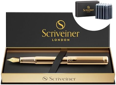 Scriveiner Luxury Fountain Pen -Stunning Gold Luxury Pen, Real Gold Plating, Schmidt Gilded Nib Fine, Bundle with Fountain Pen Ink Cartridges - Blue - 20 Standard International, Made in UK