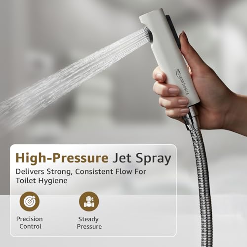 Image of Amazon Basics Health Faucet for Bathroom, White Coated ABS Plastic Body with 1 Meter Stainless Steel Flexible Hose Pipe and Wall Hook, White, Jet Spray for Toilet