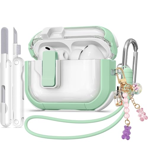 Image of for AirPods Pro 3 Case Clear with Safety Lock, Anti-Yellowing Case with Cleaner & Keychain Compatible with Apple AirPods Pro 3rd Generation 2025 for Women Girly, Shock Protection,Mint Green