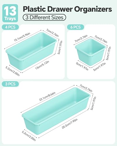 Canfanni 13 Pack Plastic Drawer Organizers Set, 3 Sizes Desk Drawer Organizer Trays for Vanity and Makeup Organizer, Organization and Storage for Makeup, Kitchen Utensils, Bathroom and Office(Blue) - Image 2