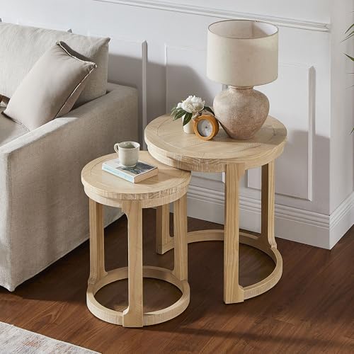 24' Round Nesting Coffee Table Set of 2, Solid Wood Coffee Tables Mid Century Rustic Farmhouse Side End Tea Table for Li