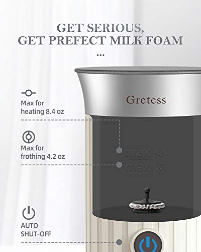 Milk Frother, Milk Frother and Steamer for Hot & Cold Foam, Hot Chocolate, Latte and Cappuccino, Automatic Electric Milk Frother for Milk Foam & Heating Milk, Gretess, White, JC-A1W