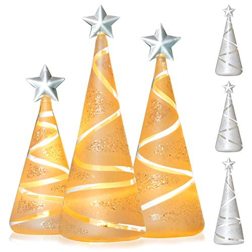HappySpot Cover 3 Set LED Glass Christmas Tree Tabletop Glow up White Xmas Tree Different Sizes Ornament for Friend, 6×8×10 inches HappySpot Cover 3 Set LED Glass Christmas Tree Tabletop Glow up White Xmas Tree Different Sizes Ornament for Friend, 6×8×10 inches