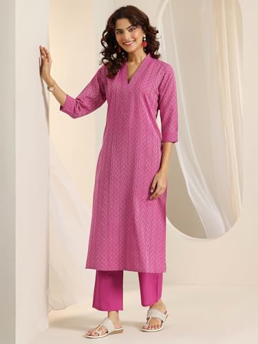 Image of Libas Woven Design Cotton Blend Straight Kurta With Trouser and Dupatta