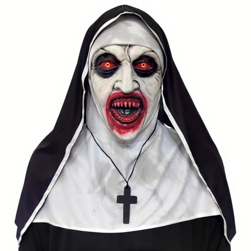 FLORENCE IISA Scary Nun Mask Creepy Latex Full Head Realistic Mask Evil Nun Costume For Halloween Cosplay Party(BloodyNun)