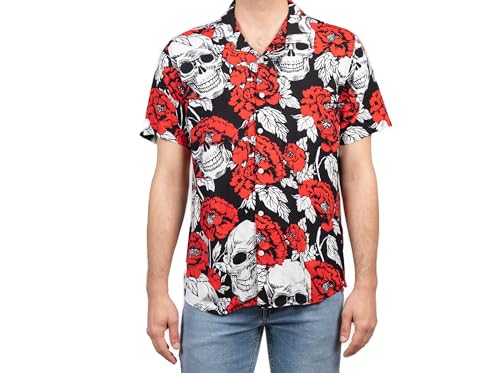 TONY BACKER Camisa hombre manga corta ligera playa verano fiesta playa vacaciones fantasía, Calavera Rose, S