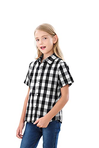 Sangtree Girls Plaid Shirt Summer Short Sleeve Button Down Shirts For Girls，Black White，7-8 Years = Tag 140 #TOP3