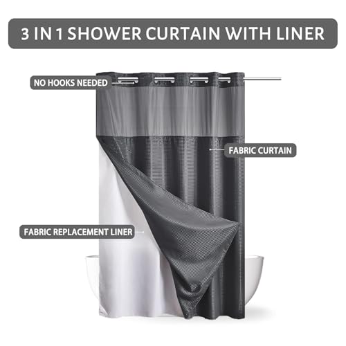 Image of Furlinic Dark Grey Small Stall No Hook Shower Curtain with Snap in Liner,Waffle Weave Heavy Duty Fabric Waterproof Bathroom Curtains,Washable Shower Curtain Set with See Through Window 36x72 Inch