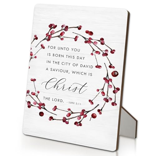 IRTAGANNY Christian Christmas Decor, Luke 2:11 Bible Verse Christmas Wreath Wooden Stand Sign 5"X7", Religious Xmas Signs Decorations for Church Prayer Room Home Office Desk Decor(5x7 Inch)