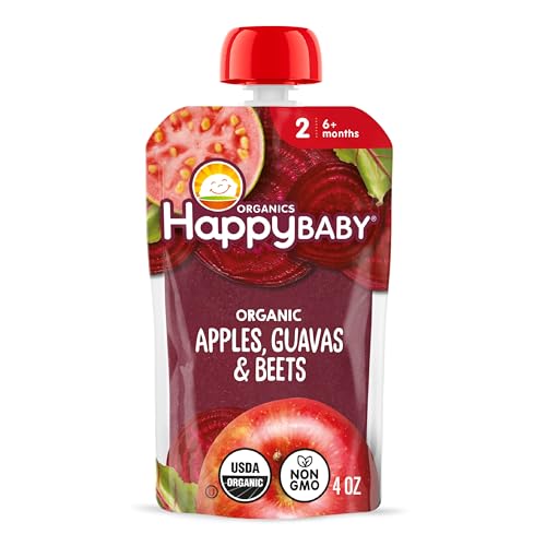 Happy Baby, Clearly Crafted Stage 2 Organic Baby Food, Apple Guava and Beet, 4 oz, Clear Pouches Let You See Every Delicious Bite, Stage 2 Baby Food Pouches Are Great for 6 Months and Up